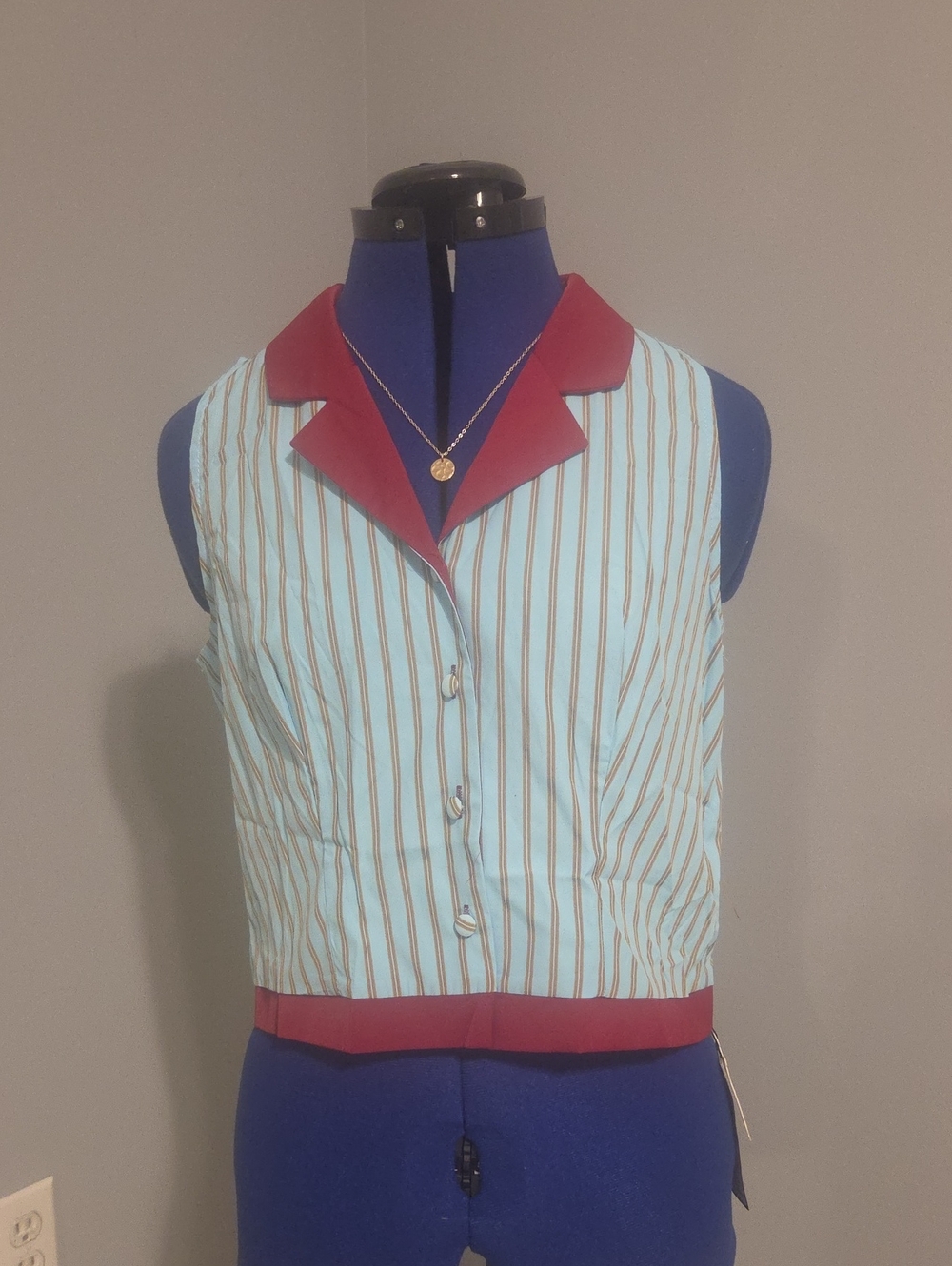 Sleeveless Stripe Button-Down Shirt with Red Trim